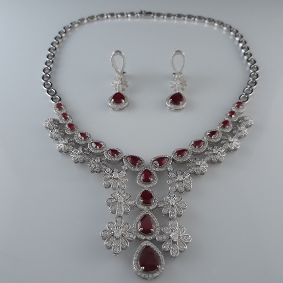 Blood Red Ruby White Zirconia Sterling Silver Set - Picture 15 of 15
